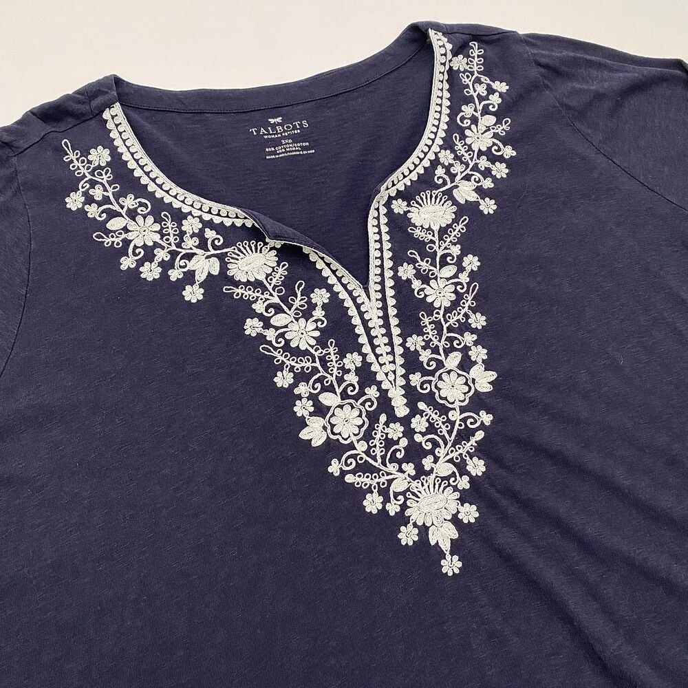 Talbots Navy Blue Top Split Neck Embroidered Cott… - image 2